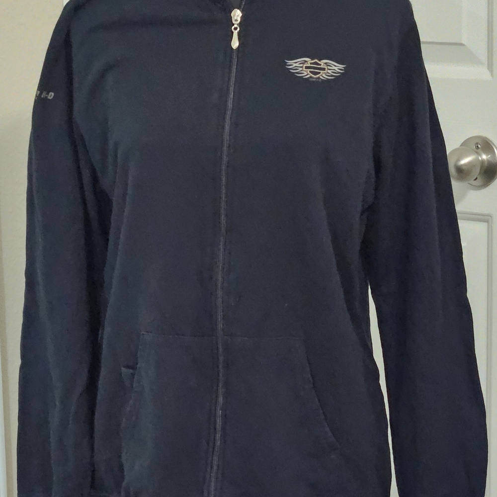 Navy Zip-Up Hoodie with Small Silver Chest Emblem